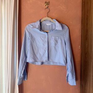 Primark Blue and White Striped Cropped Button-Down Shirt